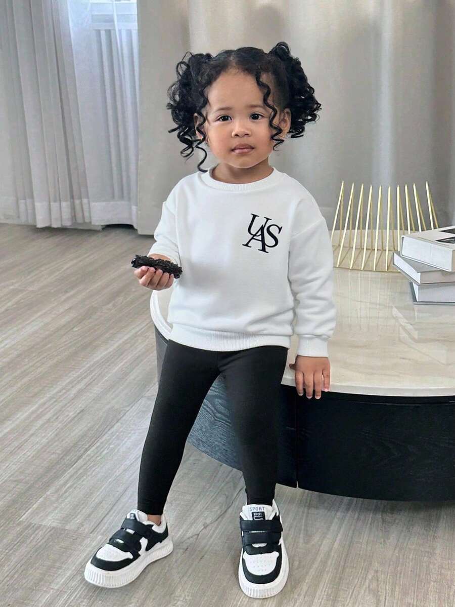 SHEIN Babygirl 休闲百搭字母印花卫衣套装，秋冬 - 黑與白 - 查看 1