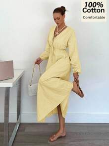 Siren Gaze 新款棉质A字腰收腰女式长裙 - 黃色 - 查看 5