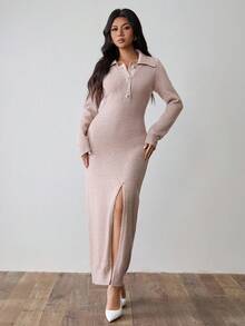 Rafferiza Dusty Pink Elegant Autumn Everyday Women's Mixed Yarn Lapel Metal Button Loose Casual Split Hem Sweater Dress,Fall Winter Long Party Wedding Guest - Khaki - View 4
