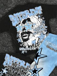 SHEIN Bolty Tween Boy Casual Classic Cool Character Portrait & Text Print Crew Neck T-Shirt, Star Print Flare Pants 2 Pieces Set, Suitable For Summer