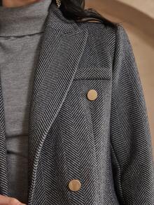 DAZY 女士优雅格纹西装外套，金属扣设计，修身剪裁，适合秋冬季节穿着。 - 灰色 - 查看 5