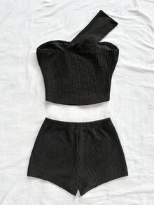 Soleia 2 piezas Conjunto de top sin mangas y shorts con decoración de flor de metal para mujer, conjunto de dos piezas acanalado, conjunto de dos piezas de shorts, conjunto de dos piezas de un hombro, conjunto de dos piezas de cintura alta - Negro - Ver 2
