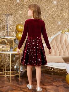 SHEIN Leap Crew Tween Girl Christmas Velvet Star Silver Foil Neck Long Sleeve Dress - Red - View 6