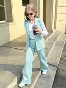 3 件套女孩优雅时尚优雅日常服装套装：圆领长袖纯色打底上衣，无袖纯色长翻领珍珠设计西装外套，松紧腰宽松直筒裤，适合学校，所有季节 - 綠色 - 查看 3