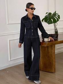 Livesso Conjunto de top con cuello vuelto y jeans de ajuste holgado para mujer en otoño - Azul - Ver 4