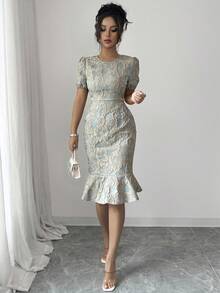 SHEIN PETITE Round Neck Short Sleeve Waist Cinched Textured Jacquard Embroidered Pea Green Elegant Precision Bodycon Ruffle Hem Commuter Versatile Dress - Green - View 5