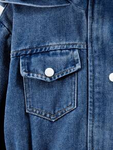 SHEIN 青少年女孩休闲连帽牛仔夹克，抽绳腰部，斜插口袋，松紧袖口，适合上学、购物、散步、旅行，可搭配长袖毛衣、运动裤、长裤 - 藍色 - 查看 4