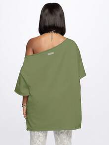 SUMWON WOMEN Off Shoulder Mini Dress Oversized T-Shirt Style Summer Spring Relaxed Fit Loungewear Statement Text Graphic Streetwear Casual Loose Comfortable - Dark Green - View 2