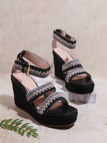 SHUZIA Women's Wedge Heel Thick Sole Sandals - Black - View 2