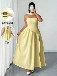 Elenzga 大码女式优雅纯色露肩不对称下摆开叉下摆百搭设计感派对连衣裙，浪漫约会长款连衣裙