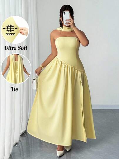 Elenzga Plus Size Women's Elegant Solid Color Strapless Asymmetrical Hem Split Hem Versatile Design Sense Party Dress, Romantic Date Long Maxi Dress