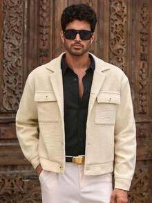 HIMLAND Men's Casual Solid Color Woven Button Up Overcoat , Fall Winter - Apricot - View 7