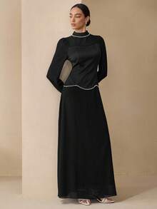 Graceveil Women's Satin Patchwork Mock Neck Pearl Decor Luxury Vintage Elegant Dress Fall Cloth For Women - Black - View 4