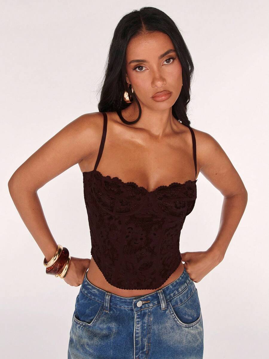 SHEIN BAE Áo hai dây ren gợi cảm, Dự tiệc, Đêm hẹn hò, Đi làm, Áo lót bralette dễ thương, Áo câu lạc bộ gợi cảm, Áo corset, Áo không dây, Áo đi chơi, Áo mùa hè, Áo dễ thương, Mùa hè dành cho phụ nữ, Áo ren - Cà phê nâu - Xem 1