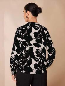 Shutterstock Glamance 女式花卉印花V领长袖时尚衬衫女士衬衫花卉印花衬衫外出秋季优雅衬衫 - 黑色 - 查看 2