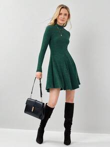 Miaspire Women's Solid Color Stand Collar Long Sleeve Ribbed Hem Casual Mini Dress, Spring Autumn