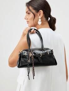 SHECARRY 时尚百搭简约韩版通勤香肠包手提包 - 黑色 - 查看 2