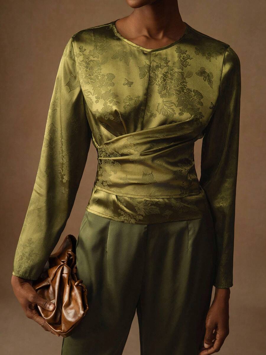 Vesra Áo cánh nữ cổ tròn tay dài vải jacquard thắt chéo thắt eo thanh lịch cổ điển - xanh quân đội - Xem 1