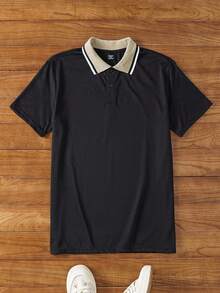Manfinity NXTstreet Men Contrast Collar Polo Shirt, For Husband, Going Out - Black - View 1