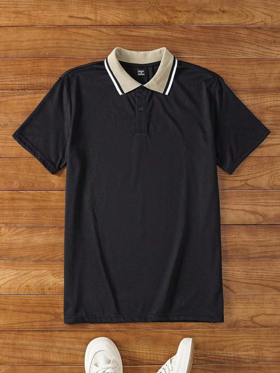 Manfinity NXTstreet Men Contrast Collar Polo Shirt, For Husband, Going Out - Black - View 1