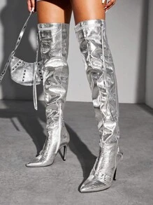 CUCCOO SZL Giày bốt cao đến đầu gối mũi nhọn màu bạc cổ điển, bốt cao gót dài thời trang và đa năng cho phụ nữ tiệc Halloween Giáng sinh tiệc disco Đêm Sxy đi chơi Baddie Fall - Bạc - Xem 7