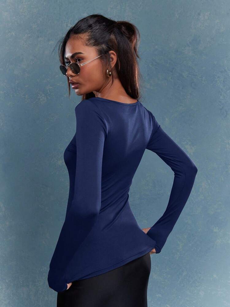 MISSGUIDED Maglietta casual a maniche lunghe, scollo ampio, aderente, con lunghezza corta, dettagli arricciati sui lati, adatta per l'autunno e l'inverno