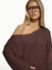 MISSGUIDED Fluffy Knit Off Shoulder Sweater Long Bell Sleeve Distressed Fuzzy Pullover Fall Winter Casual Oversized Knitted Top - Coffee Brown - View 4