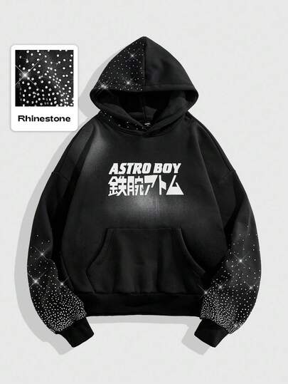 Astro Boy X ROMWE Street Life Men's Cartoon Figure Graphic Black Pullover Hoodie