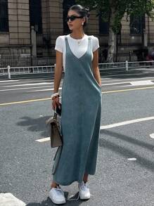 DAZY 新款复古牛仔吊带连衣裙，宽松直筒牛仔背带裙