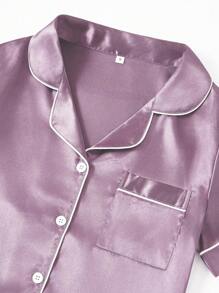 LuxeNights 3 Piece Set Women's Contrast Trim Solid Color Faux Silk Lapel Pajama - Mauve Purple - View 4