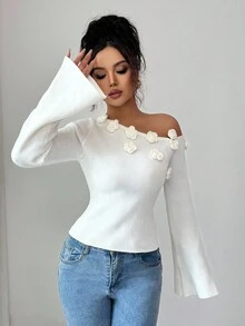 Modelyn 女款法式白色3D花卉毛衣 - 白色 - 查看 2