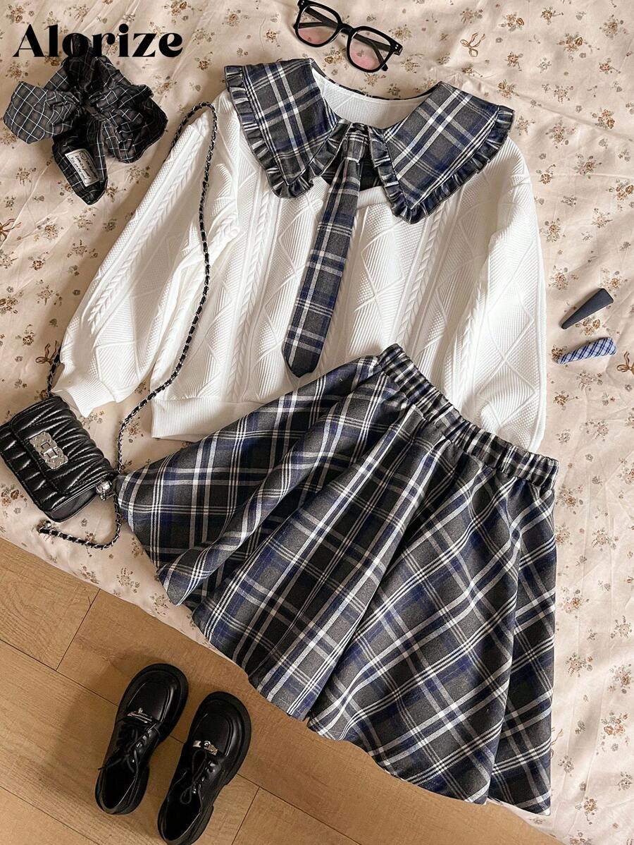 Tween Girl Plaid Patchwork Sweatshirt & Skirt Set - Black - View 1