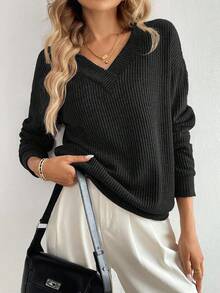 SHEIN LUNE Women's Solid Color V-Neck Drop Shoulder Long Sleeve Casual Loose Sweatshirt, Autumn Fall Cloth For Women - Black - View 5