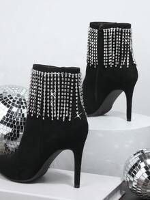 SHUZIA Fringe Detail Stiletto Heeled Boots - Black - View 3