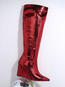 SHUZIA de color metálico de punta Cuñas Botas hasta la rodilla - Rojo - Ver 2