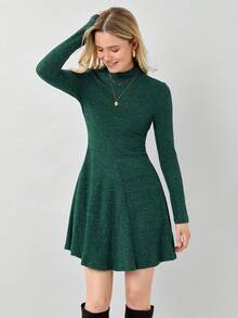 Miaspire Women's Solid Color Stand Collar Long Sleeve Ribbed Hem Casual Mini Dress, Spring Autumn