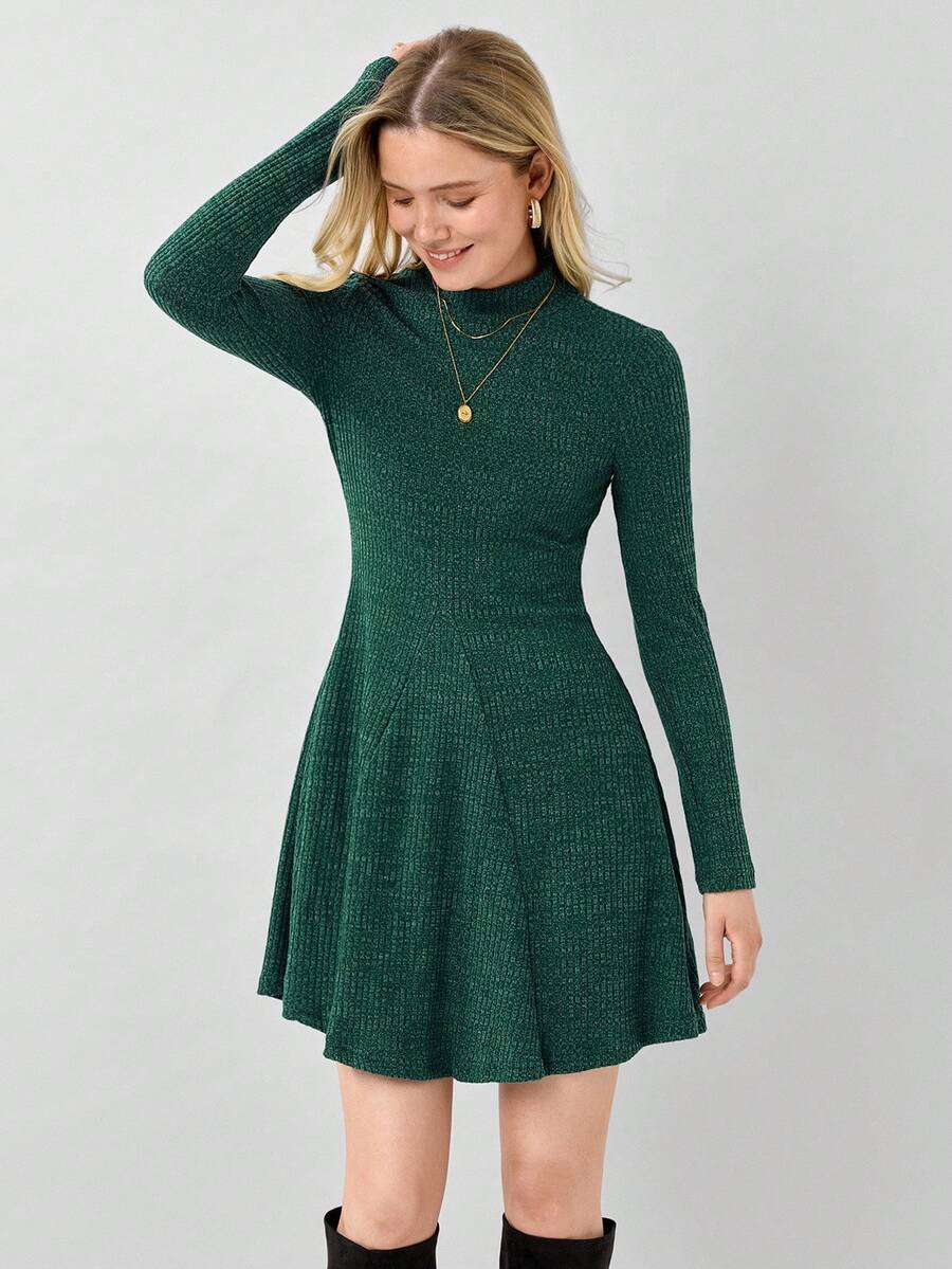 Miaspire Women's Solid Color Stand Collar Long Sleeve Ribbed Hem Casual Mini Dress, Spring Autumn
