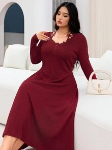 Feyla Plus Size Elegant Solid Color Lace Trim Dress - Burgundy - View 3