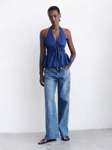 Maija Atasan Denim Biru Wanita dengan Punggung Terbuka dan Leher Halter, Atasan Tanpa Punggung Seksi untuk Liburan - Dark Wash - View 5