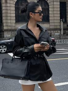 DAZY 女式休闲腰带口袋衬衫，秋季长袖上衣