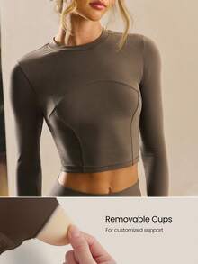 GLOWMODE FeatherFit™ 柔软弹力罗纹接缝分体设计长袖 T 恤低冲击瑜伽普拉提工作室日常休闲装可拆卸罩杯 - 棕色 - 查看 4