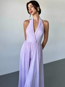 Firerie 女士优雅浪漫端庄度假时尚宴会日常露背高腰露背网眼丝带二合一薰衣草色连体裤 - 淡紫色 - 查看 5