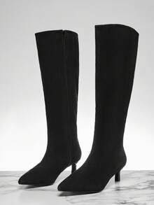 SHUZIA Women's Minimalist Comfortable Sexy Pointed Toe Kitten Heel Knee High Boots For Christmas - Black - View 6