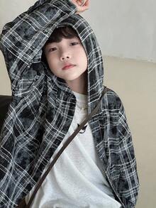 DAZY Tween Boys' Casual Plaid Loose Fit Shirt, Street Style For Autumn Hoodie - Navy Blue - View 7