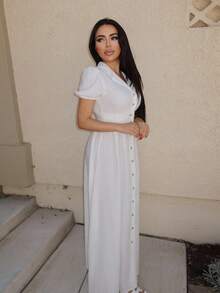 Durrani Popal Women's Solid Color Lapel Neck Puff Sleeve Elegant Dress - Beige - View 4