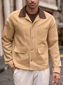 HIMLAND Men's Casual Woven Patchwork Turndown Collar Loose Drop Shoulder Shacket Men Shacket Men Summer Jacket Cropped Men Jacket Earthy Men, Fall, Winter - Multicolor - View 6