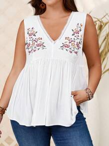 EMERY ROSE 大码白色乡村度假波西米亚风对称花卉图案蕾丝拼接V领女式吊带背心/上衣，适合春夏穿着，度假套装，亚麻夏季上衣，度假套装，女士波西米亚风上衣，白色波西米亚风上衣，波西米亚风夏季上衣 - 米色 - 查看 3