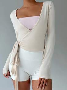 FavEase 粉色瑜伽运动裹身开衫，柔软有弹性的 V 领长袖短款修身 T 恤，时尚简约优雅百搭基本款设计，春秋季