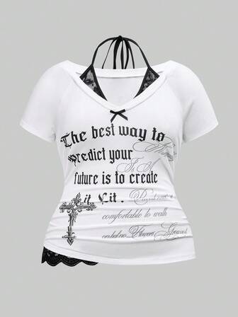 J-Fashion Große Größen Sexy Y2K Retro Amerikanischer Straßen-Grafik-Muster 2-in-1 V-Ausschnitt Träger-Shirt mit Bindedetail in Weiß für Damen