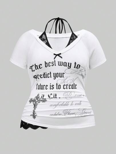 J-Fashion Maglietta bianca da donna con scollo a V e laccio, con stampa grafica retrò e stile americano, in stile Y2K, taglie comode